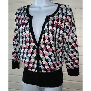 WHBM Sz SMALL Cardigan 3/4 Sleeve Notch Neck Sweater Geometric Snap Pink EUC